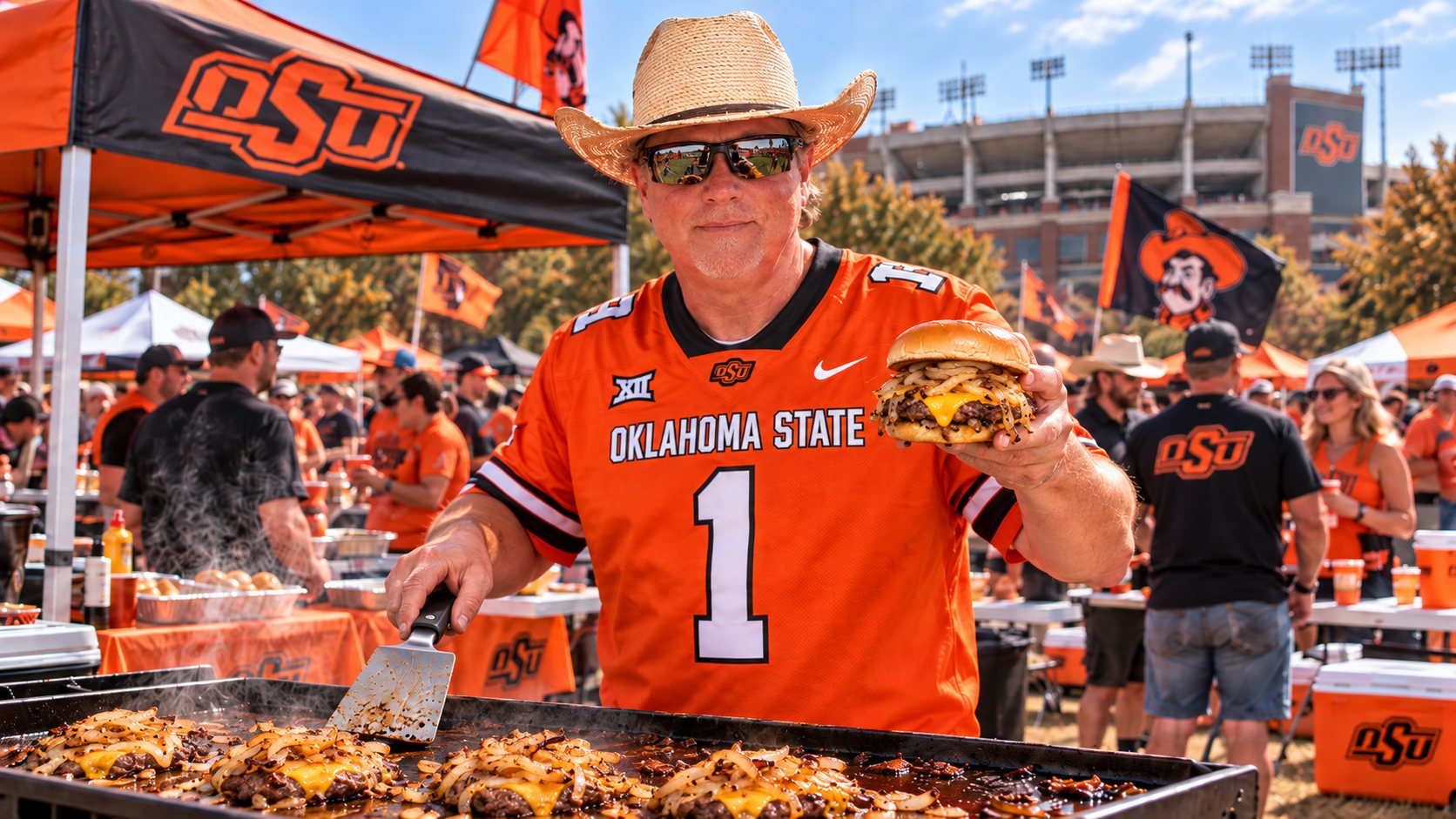 Aubrey working the flattop at an Oklahoma State tailgate.