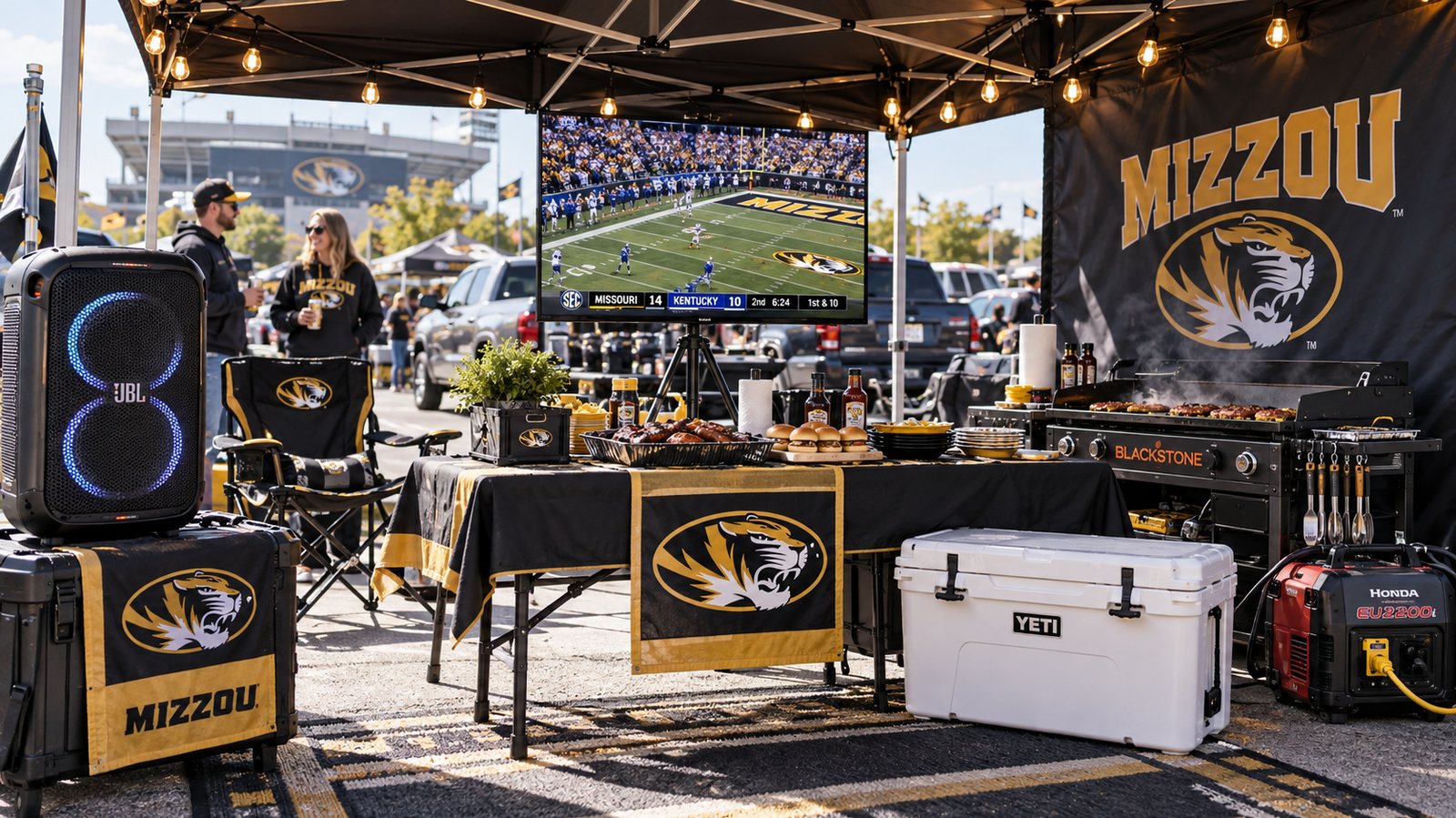 Full lot setup under a canopy — TV, Blackstone griddle, cooler, generator, and crew gear