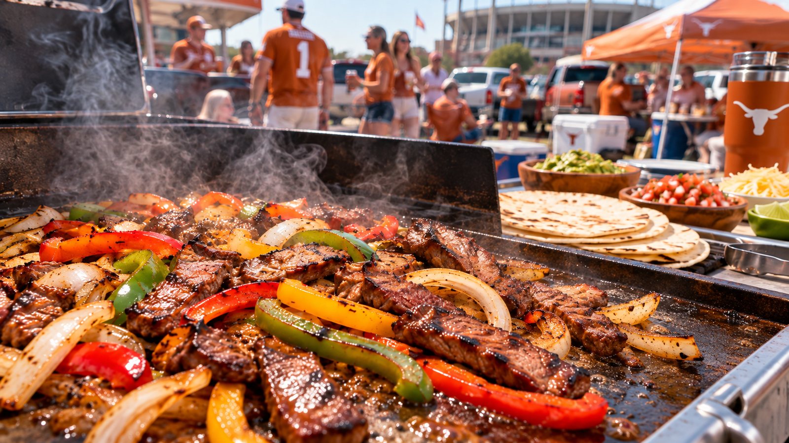 Steak fajitas with peppers and onions on a flat-top grill at a sunny lot tailgate