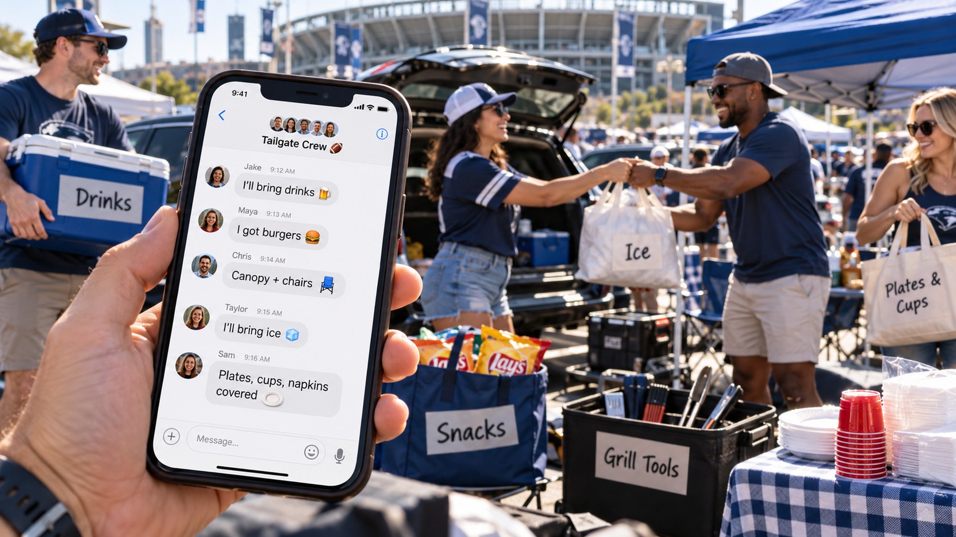 Lanes locked in the group chat — drinks, ice, snacks, grill tools, plates & cups.