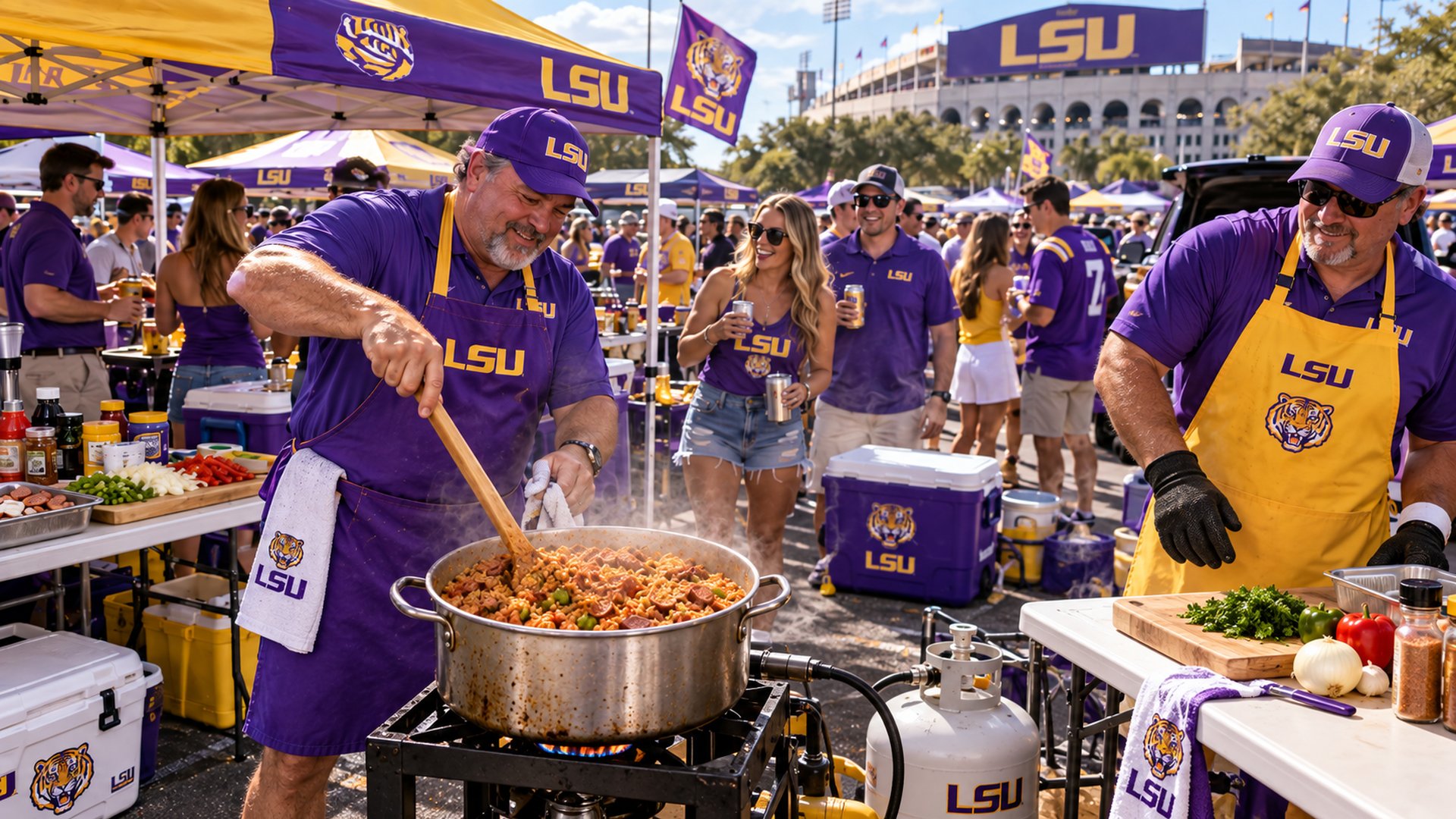 Regional lot cooking — big pot, prep table, and the flavors that taste like home before kickoff.