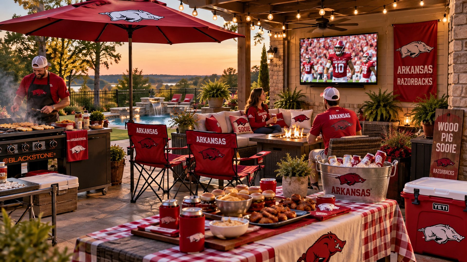 Homegate energy — patio grill, fire pit, and the game on TV without a parking scramble.