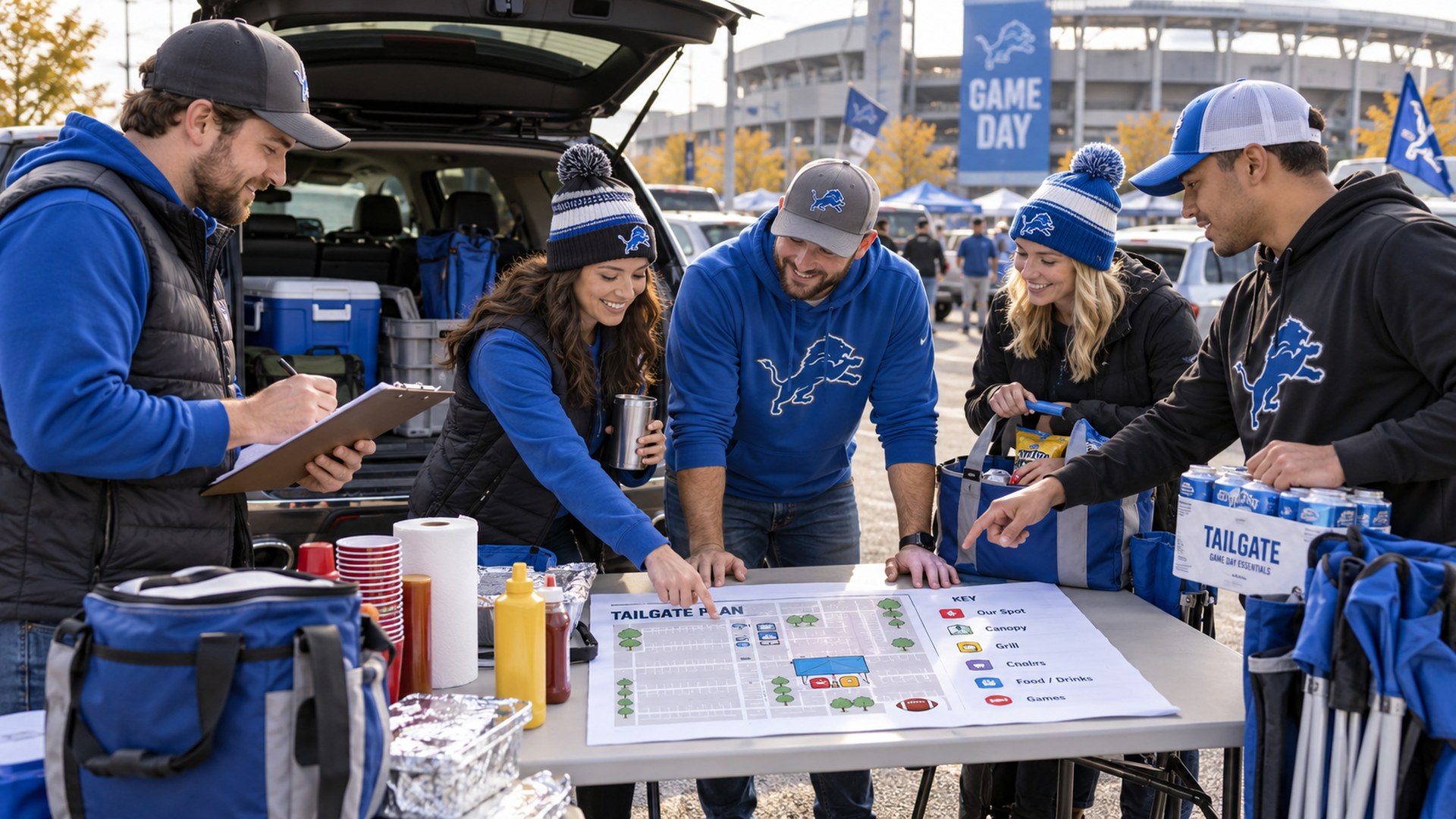 Walk the plan — crew around the lot map, captain on the clipboard.