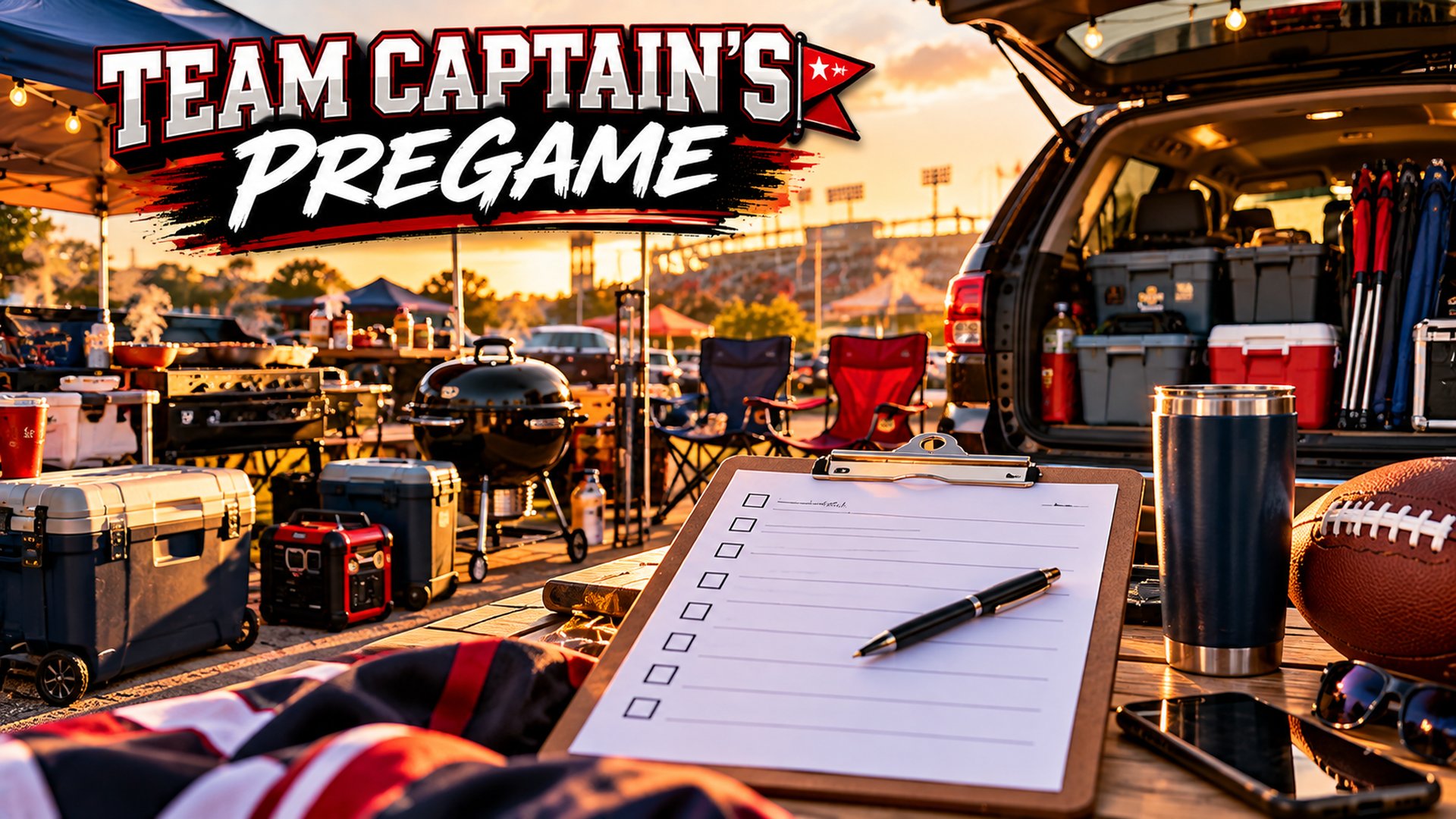 Team Captain’s Pregame — clipboard, coolers packed, sunset lot ready before the scramble starts.