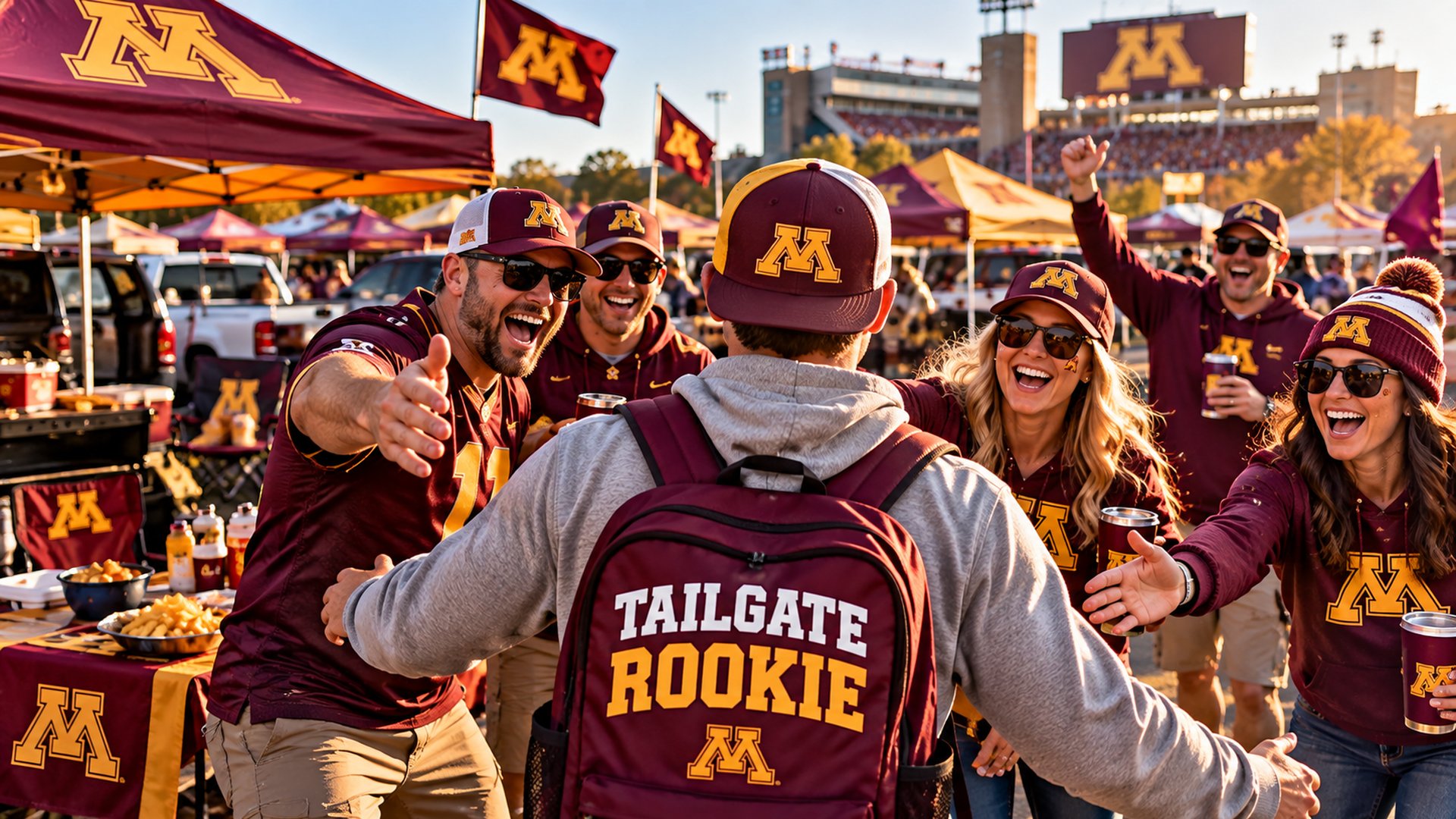 Rookie welcome — arms open, colors on, first game day on the lot.