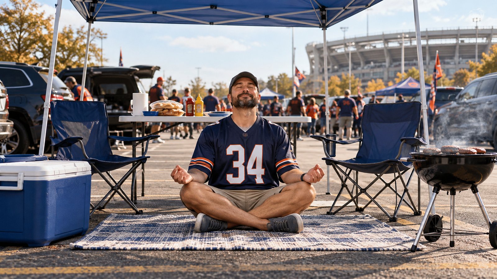 A fan sits cross-legged on a blanket in a stadium parking lot, surrounded by a canopy, chairs, a cooler and a grill.